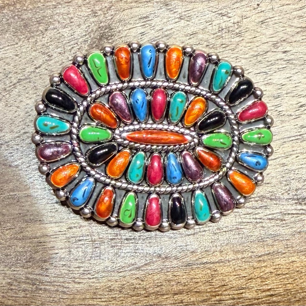 Southwestern Multicolor Stone Oval Brooch Silver Tone Boho Tribal Style